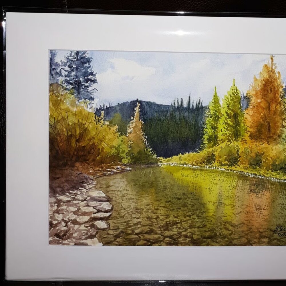 Original watercolor painting Forest Creek 140lb cotton paper cold press, matted